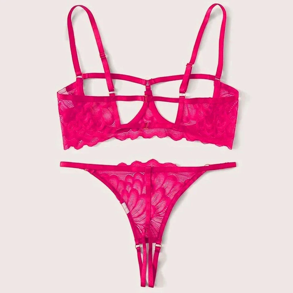 Hot Pink Sheer Lace Lingerie Bra Panty Set 2-Piece M - NWT